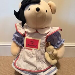 Adorable Cream Bear with Black Bow and Blue Dress